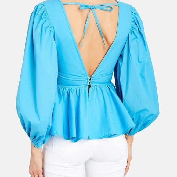 STAUD Luna Puff Sleeve Peplum Top Bright Blue Size 00 NEW WITH TAGS Retail 225 - Picture 10 of 10